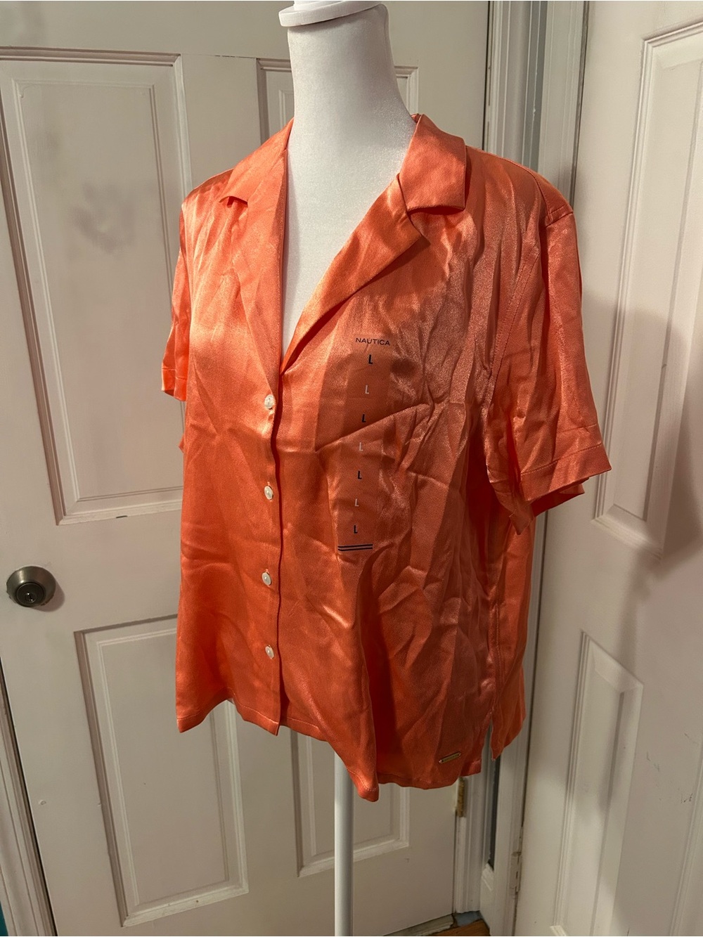 NWT Nautica Orange Satin Camp Shirt - Women's Short Sleeve Button-Up - Picture 5 of 7
